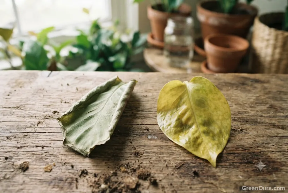 Comparison of a curled, crispy underwatered leaf and a soft, yellowing overwatered leaf