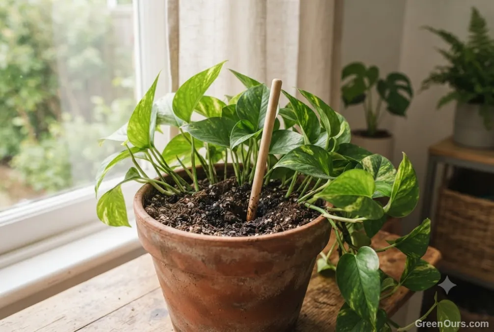 Hand testing soil moisture in a houseplant pot with a finger pressed into dark soil