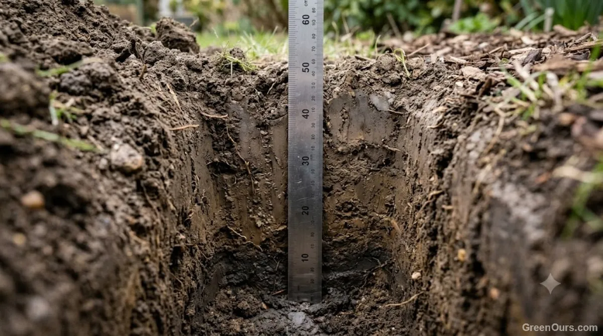 A ruler placed inside a garden soil test hole to measure water percolation rate