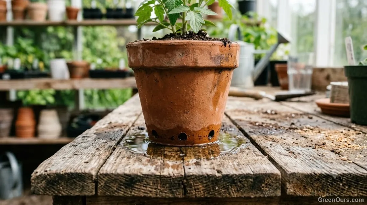Checking water flow out of drainage holes at the bottom of a nursery container