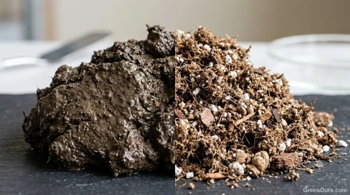 Side-by-side comparison of dense wet clay soil next to loose crumbly loam