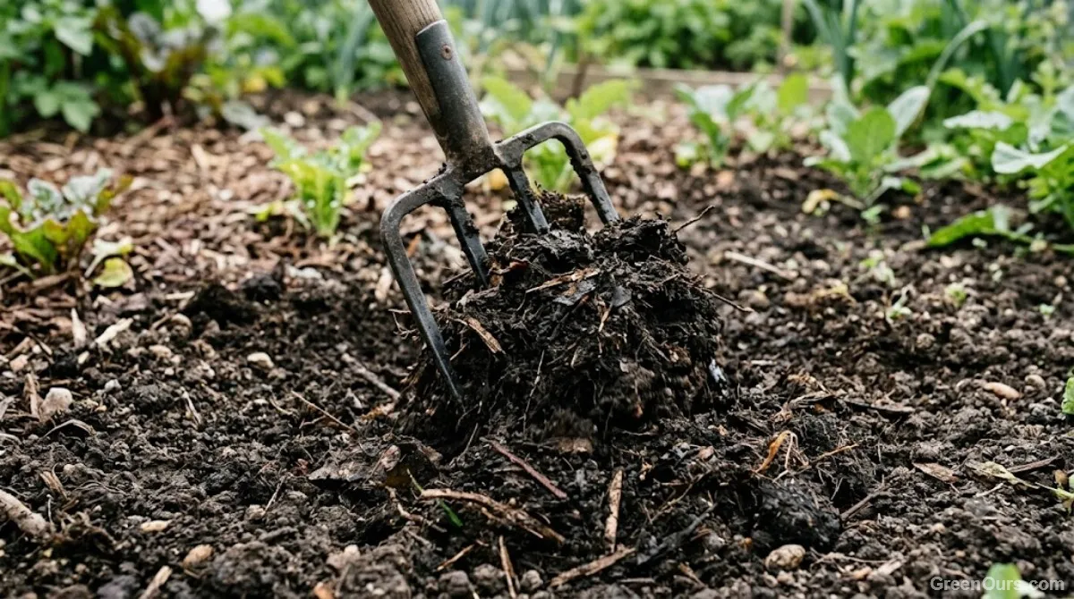Young vegetable transplants growing in loose well-drained soil inside a raised bed frame