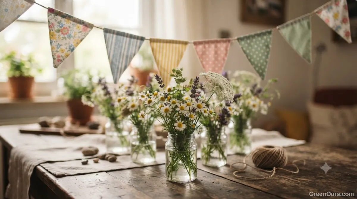 Reusable fabric birthday bunting and mismatched glass jars used as vases on a party table