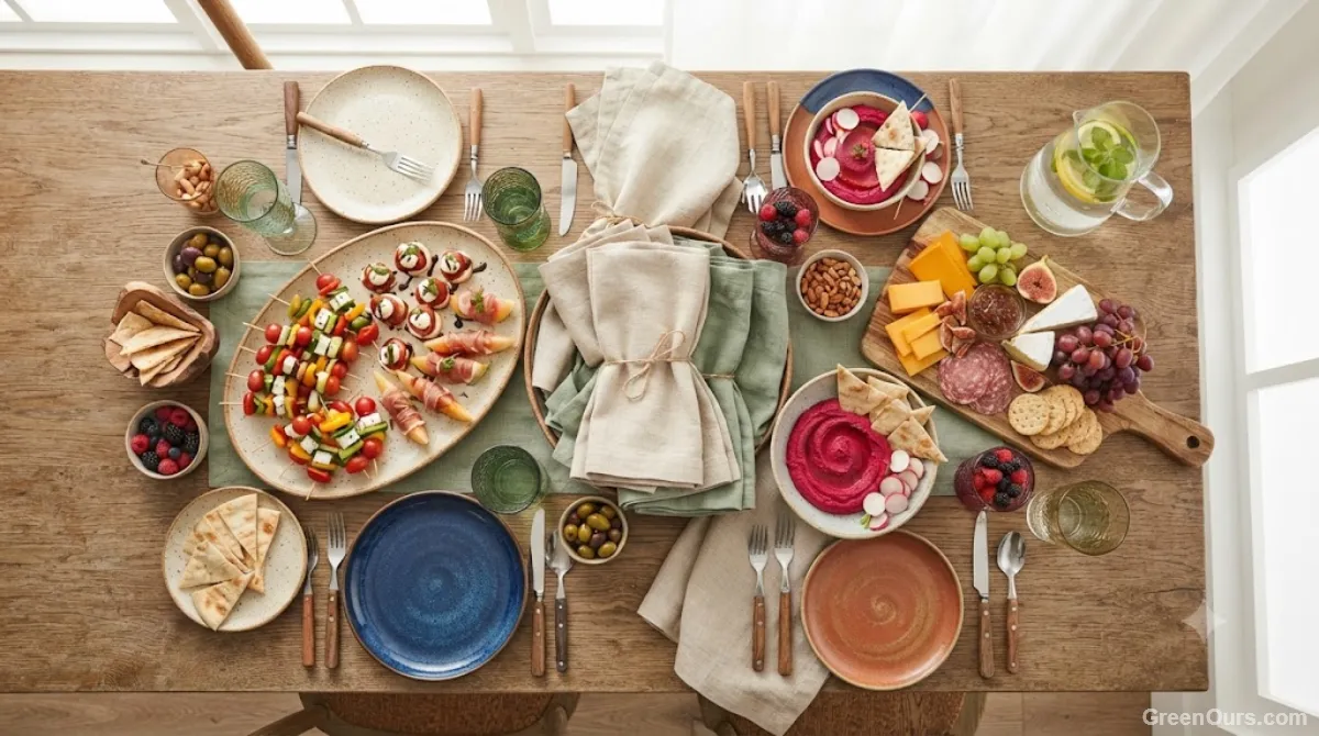 Birthday party food table set with regular ceramic plates and cloth napkins instead of disposables