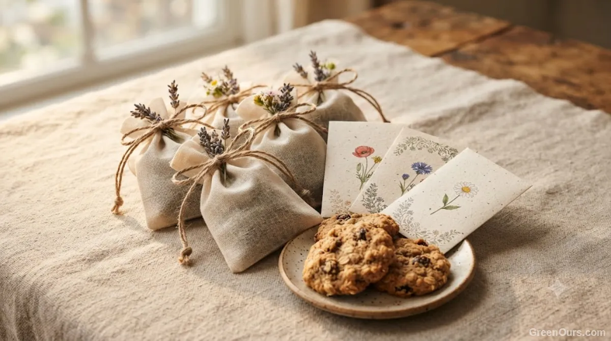 Small cloth party favor bags filled with seed packets and a homemade treat instead of plastic toys