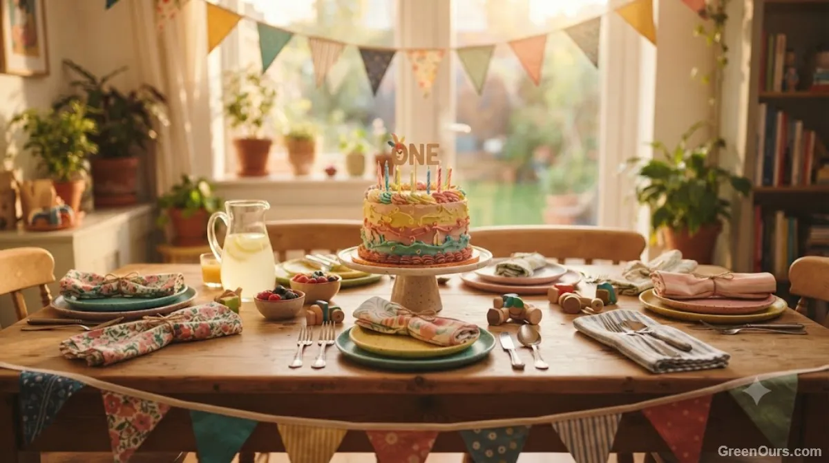 Children laughing around a birthday table set with reusable plates and simple fabric decorations