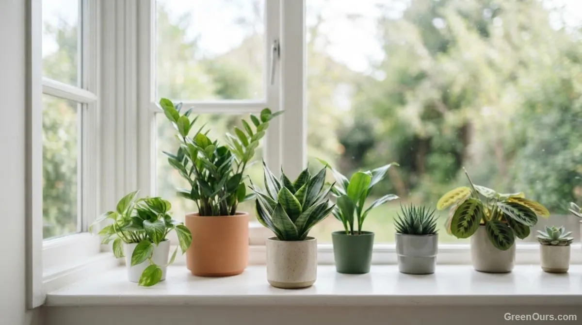 A small apartment windowsill lined with a few potted plants in soft morning light