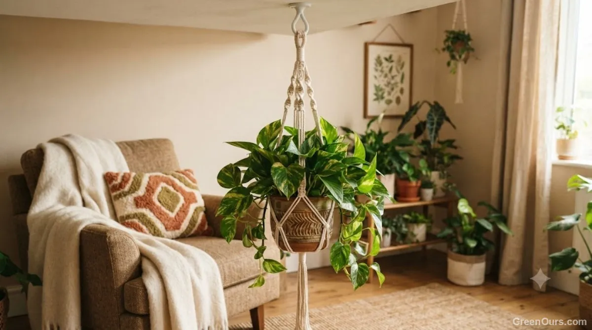 A cozy apartment corner with a hanging pothos plant and a small reading chair