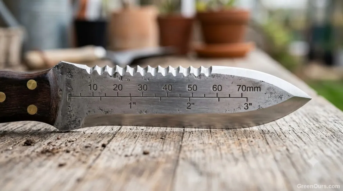 Close-up of a hori hori knife blade showing the serrated edge on one side and smooth edge on the other