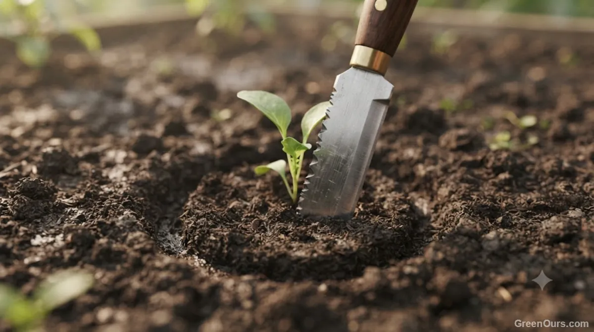 Hori hori knife blade plunged into soil around the base of a small plant, cutting a circular root ball