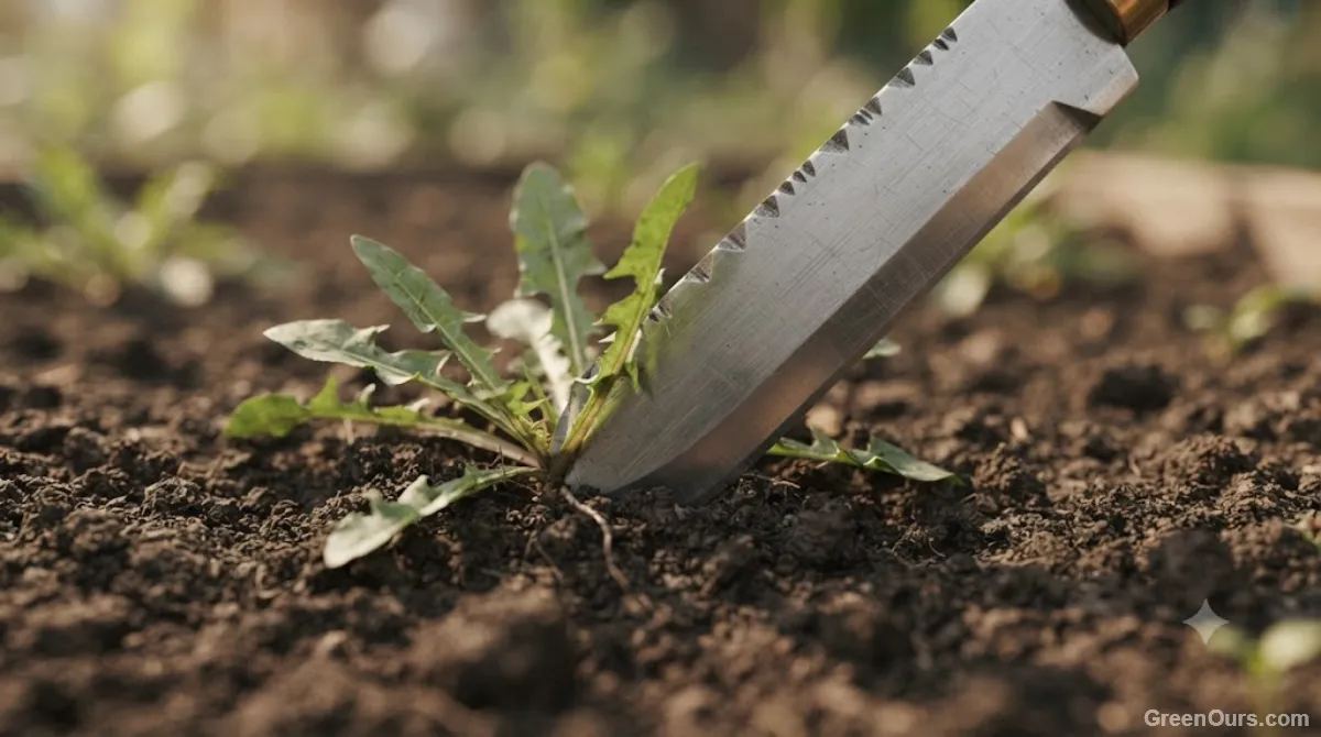 Hori hori blade driven into soil alongside a deep taproot weed at an angled tilt