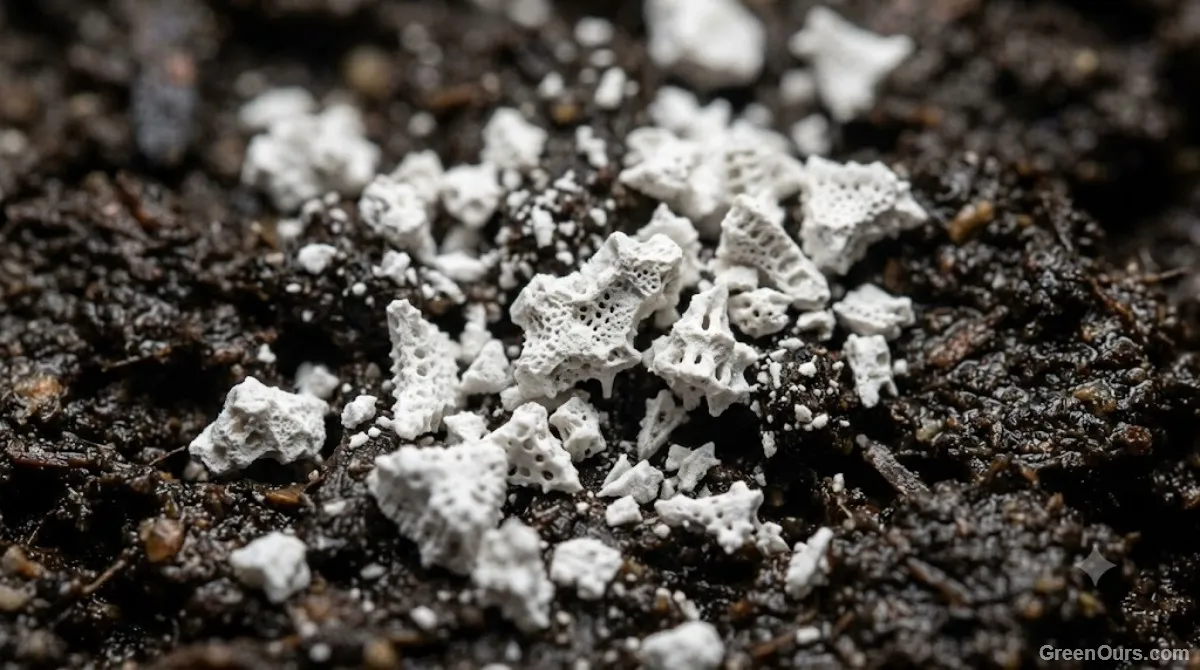 Bag of food-grade diatomaceous earth beside a light dusting of the powder on soil