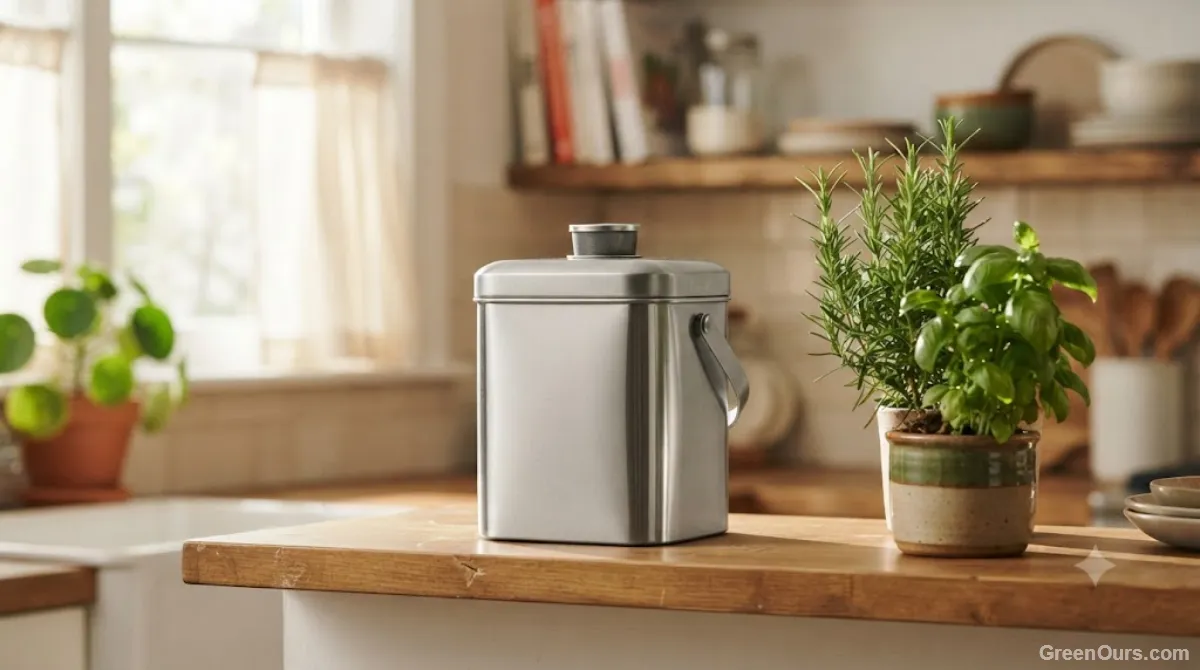 Small countertop composting bin sitting on a kitchen shelf next to a potted herb