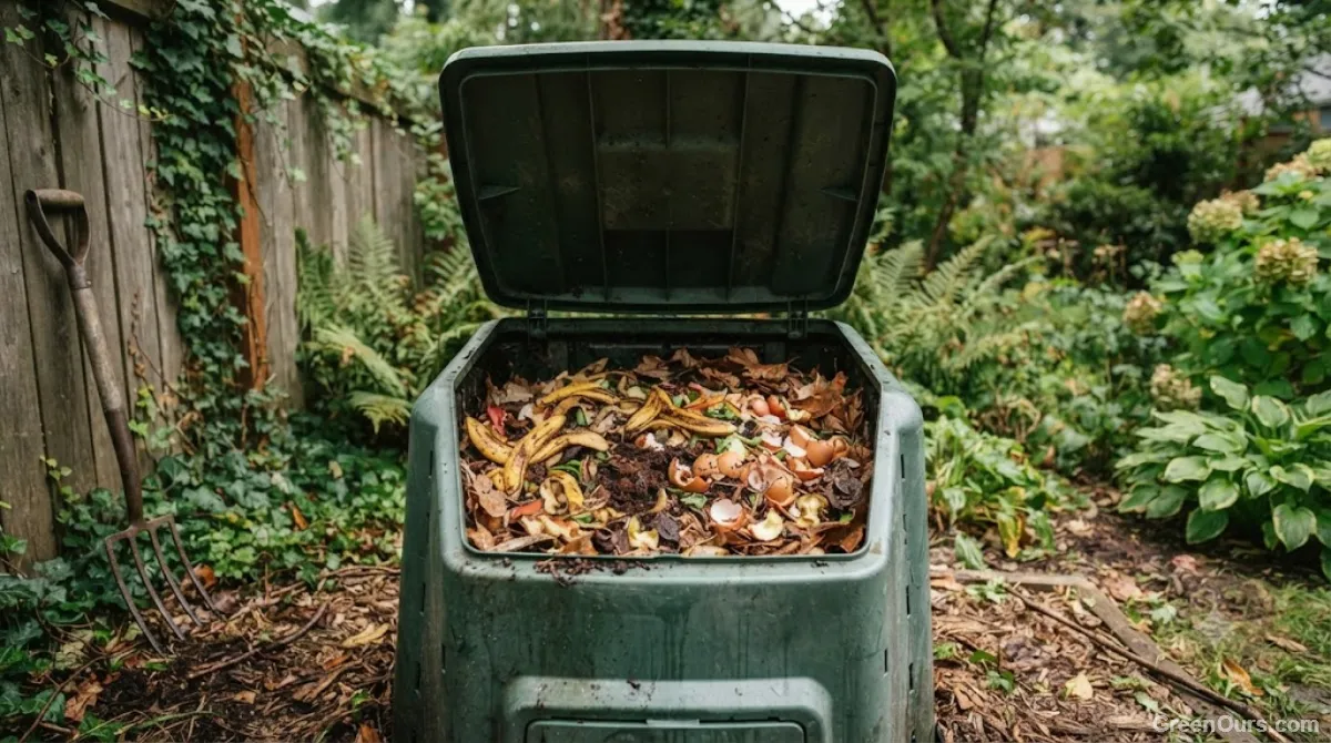Outdoor compost bin in a backyard corner with layered food scraps and dry leaves