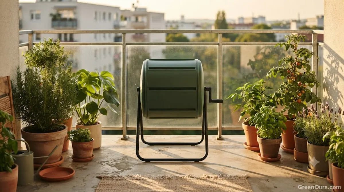Compact compost tumbler on a small apartment balcony beside potted plants