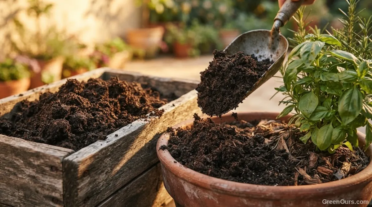 Dark crumbly finished compost being scooped into a potted plant