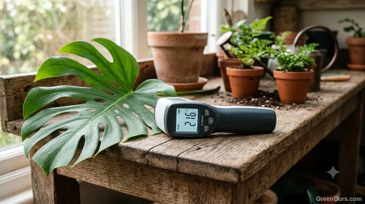 Infrared thermometer display showing a leaf surface temperature reading