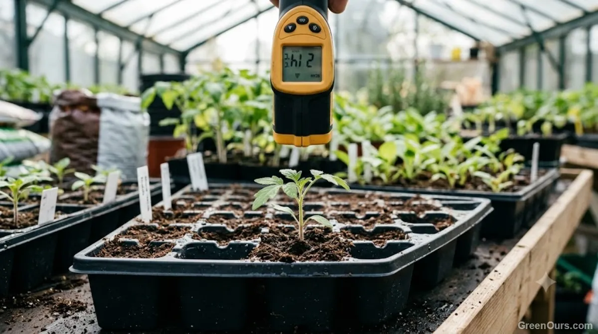 Infrared thermometer aimed at a young transplanted seedling in a garden bed