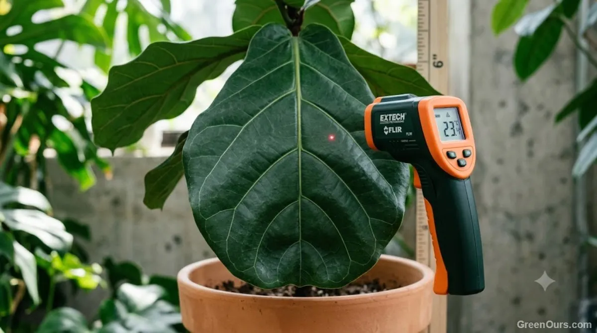 Hand demonstrating proper measuring distance and angle when checking leaf temperature