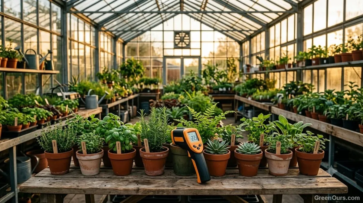 Gardener checking a row of container plants in a greenhouse with a handheld infrared thermometer