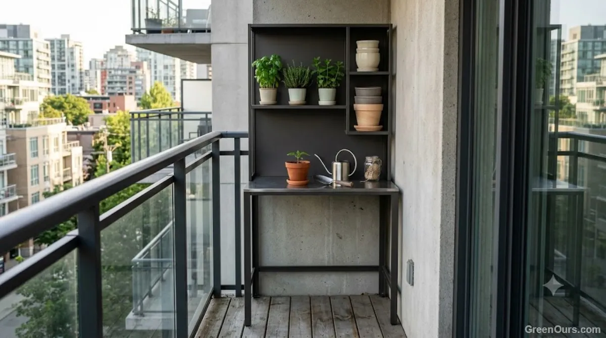 Potting bench set at standing height with soil and containers arranged for repotting
