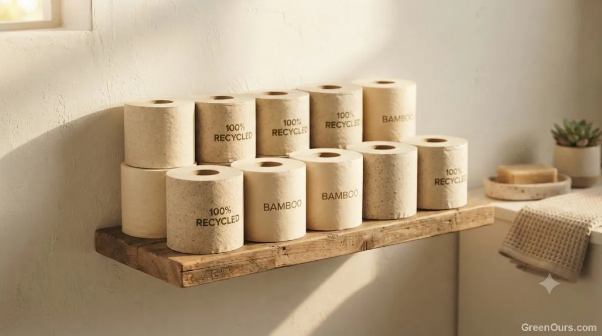 A few different toilet paper rolls arranged on a simple bathroom shelf