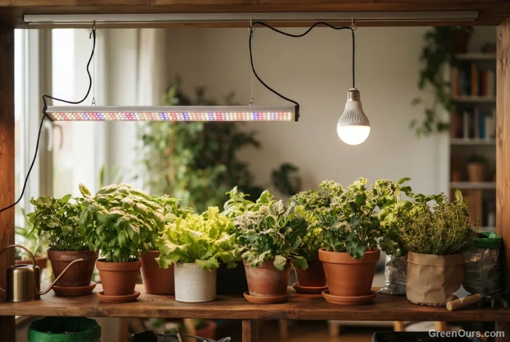 LED grow light bar and a single screw-in grow bulb positioned side by side over seedling trays