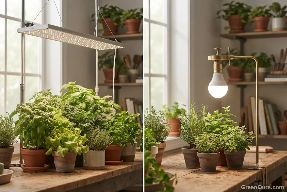 Grow light bar mounted well above a plant canopy compared to a closer-mounted bulb fixture