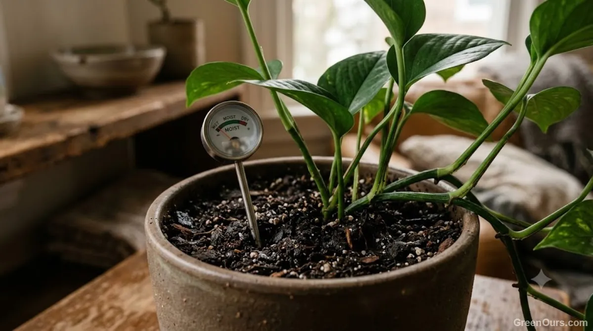 Healthy low-light houseplant in a cozy apartment reading nook
