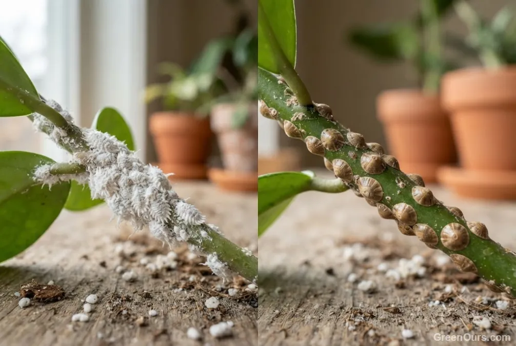Gardener inspecting the underside of a houseplant leaf for pests under bright light