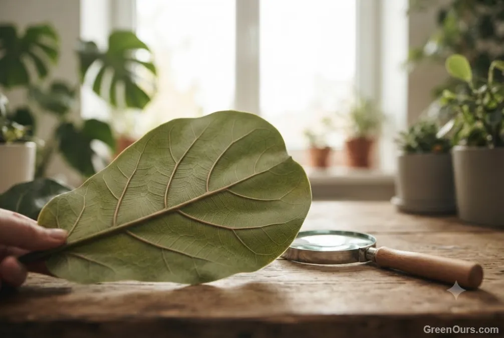 Gardener inspecting the underside of a houseplant leaf for pests under bright light
