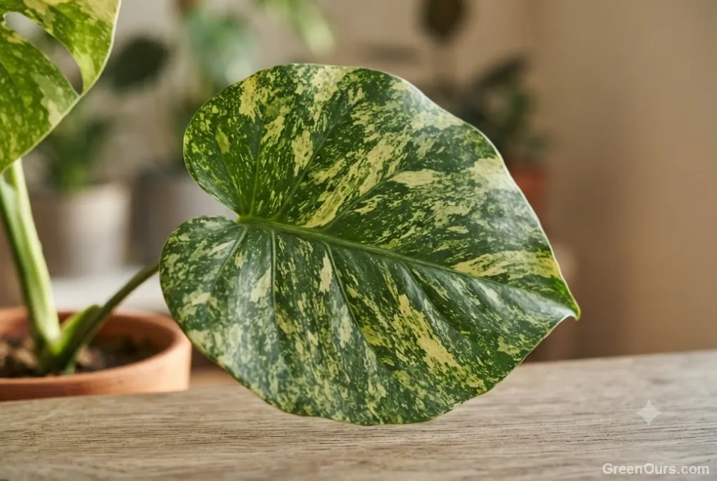 Close-up of a leaf showing light and dark green mottled mosaic virus pattern