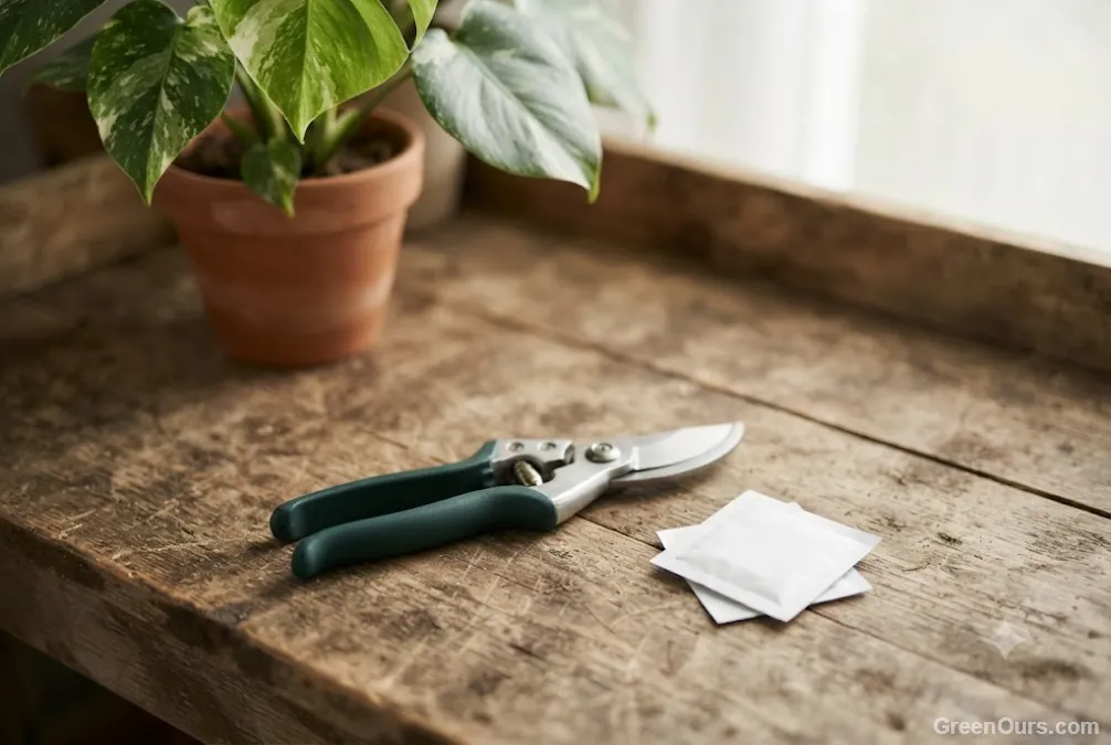 Pruning shears beside an alcohol wipe used to disinfect blades between cuts