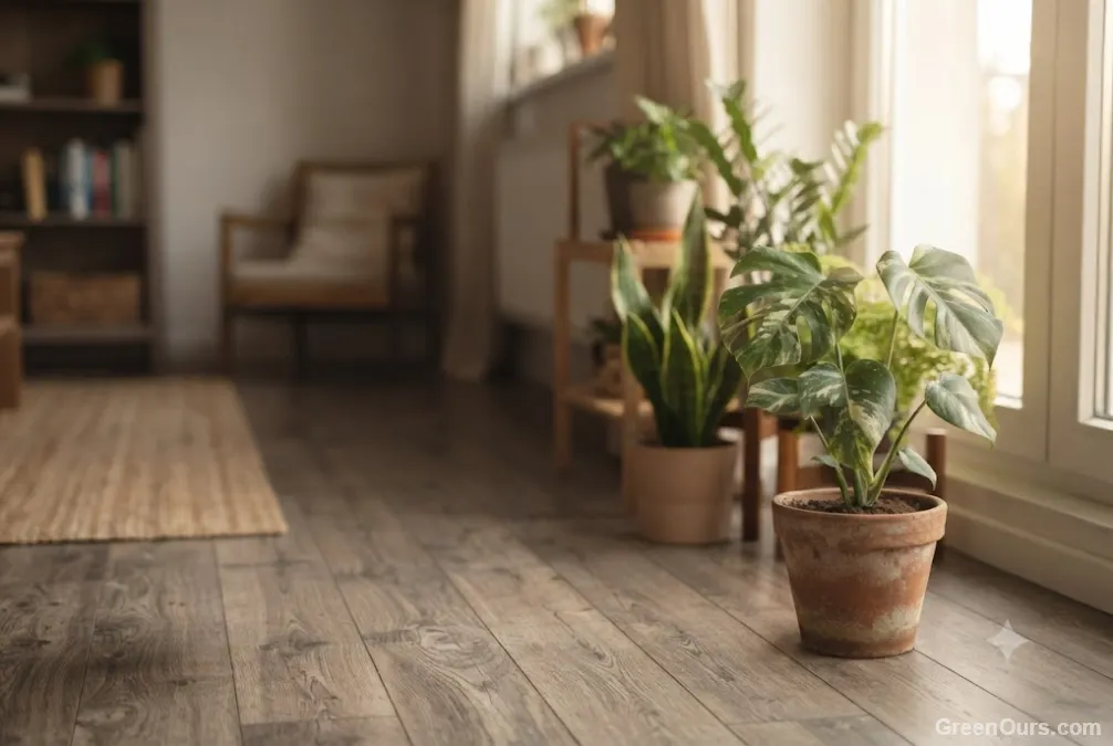 A single potted plant kept separate from a larger cluster of houseplants for quarantine