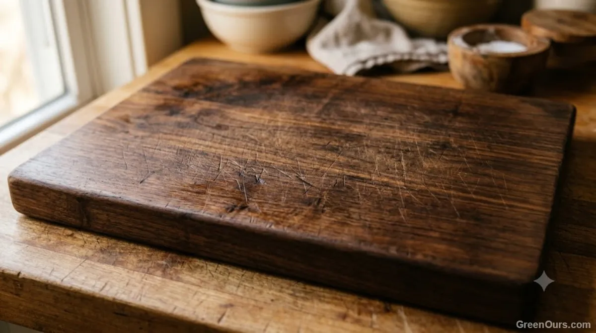 Close-up of a hardwood cutting board with visible knife marks and natural oil finish
