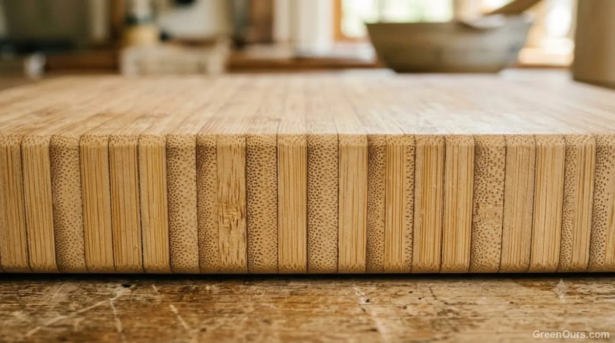 Close-up of laminated bamboo strips showing the glue lines in a bamboo cutting board
