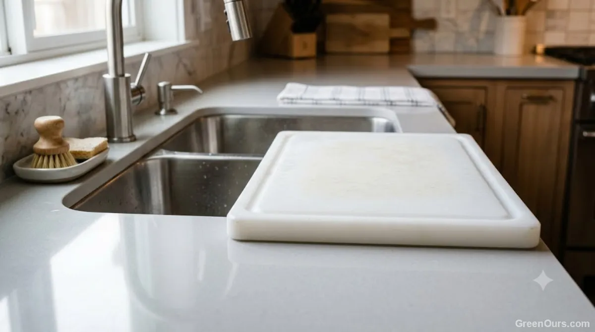 A heavy-duty plastic cutting board resting beside a kitchen sink