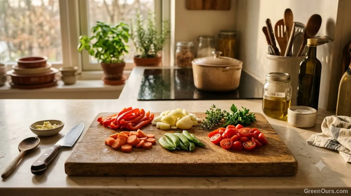 A cutting board being used during everyday meal preparation in a home kitchen