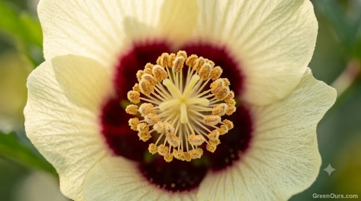 Close-up of an open okra flower center showing visible pollen