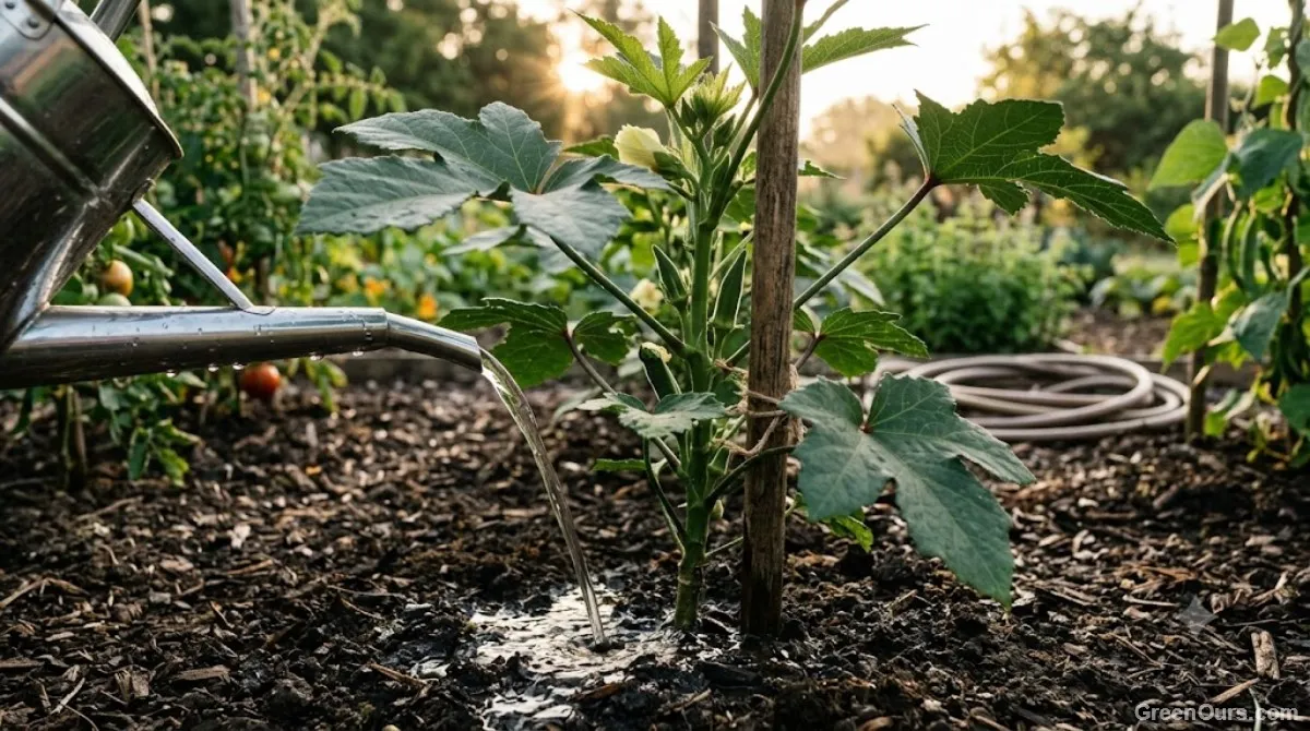 Watering can pouring water at the base of an okra plant in morning light