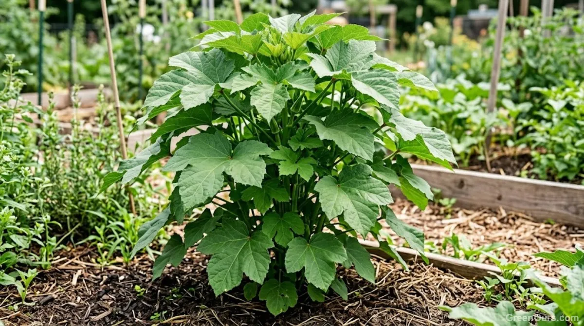 Lush, leafy okra plant with few visible flowers