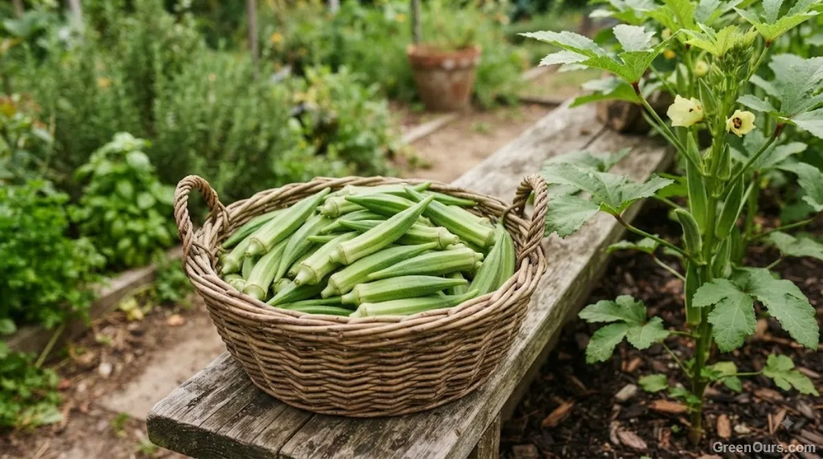 Hand holding a basket of freshly picked young okra pods beside the plant