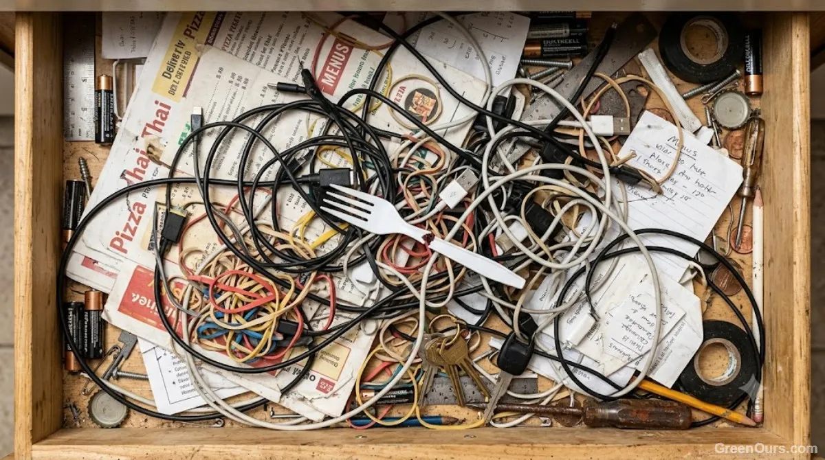 Kitchen drawer with duplicate gadgets being sorted for donation