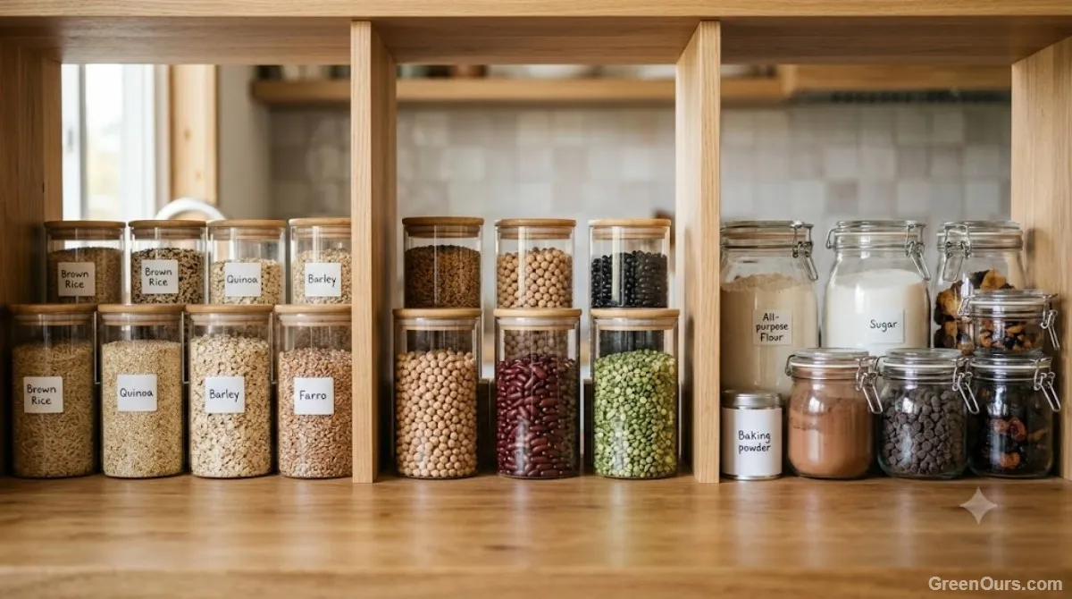 Pantry shelf divided into labeled zones for breakfast, baking, and canned goods