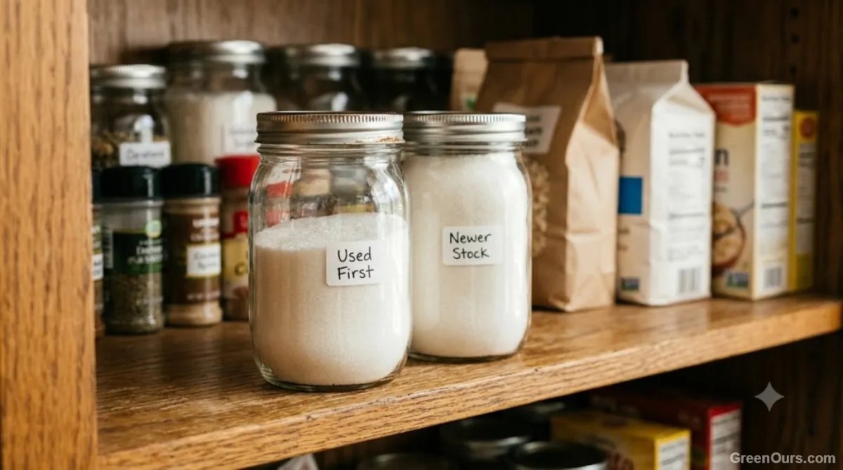 Hand pushing an older jar to the front of a pantry shelf with a newer jar behind it