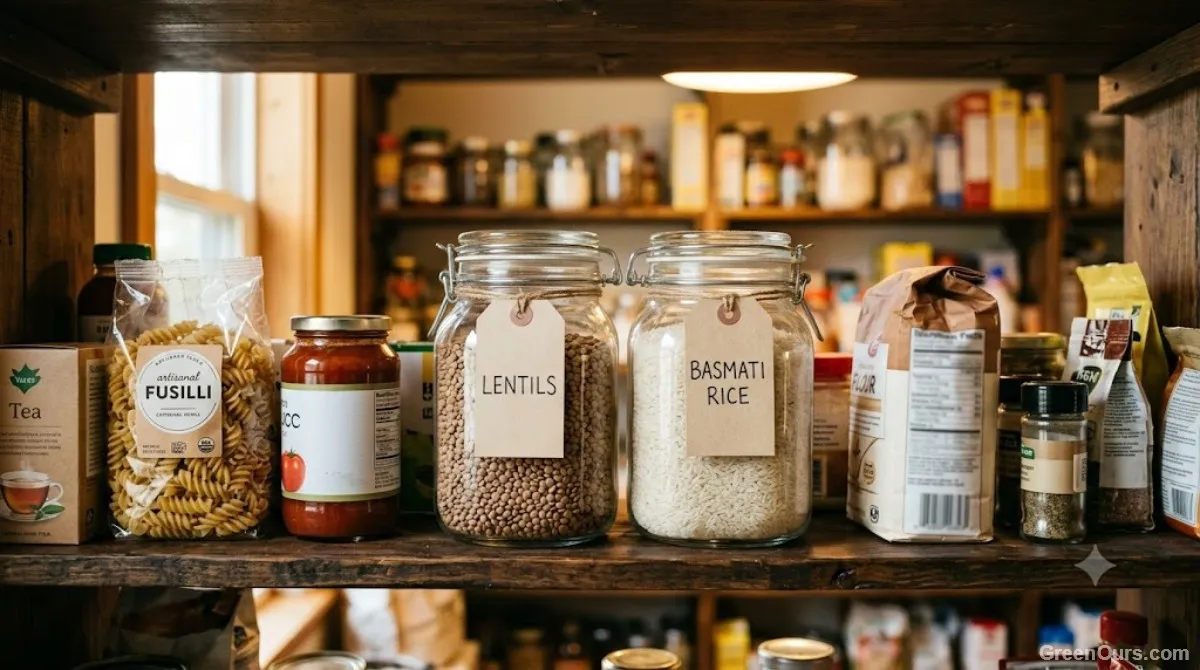 Labeled bulk bins next to unlabeled everyday pantry items