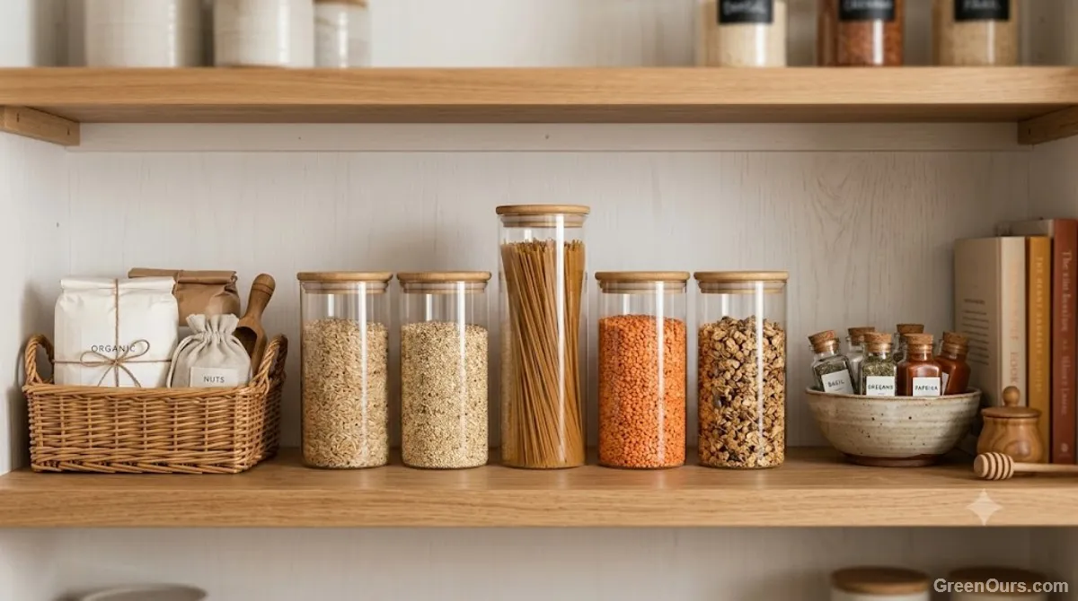 A calm, organized pantry shelf at eye level with a few labeled jars