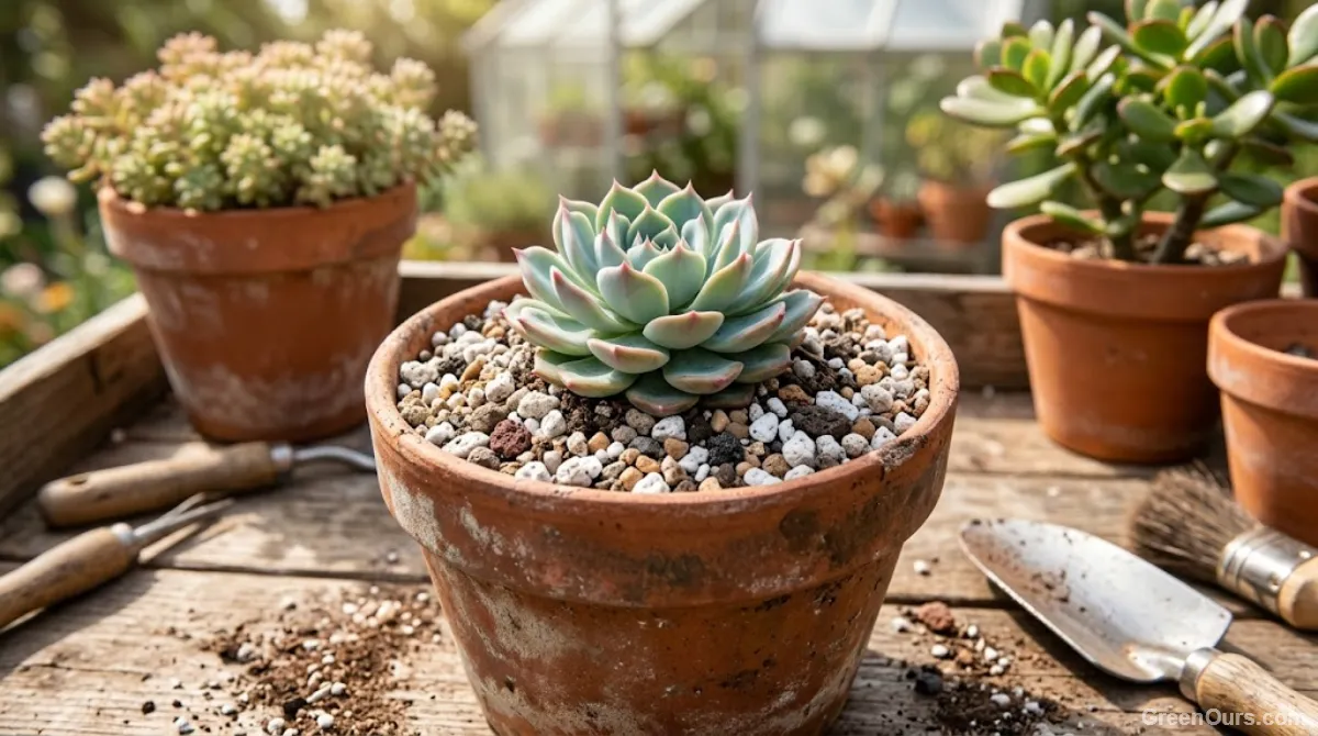 Succulent planted in a fast-draining gritty soil mix in a terracotta pot