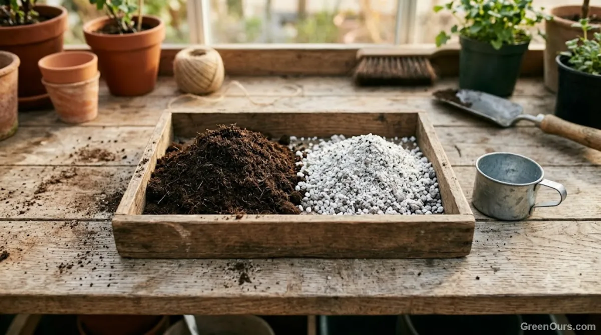 Hands mixing potting soil with drainage amendment in a garden tub