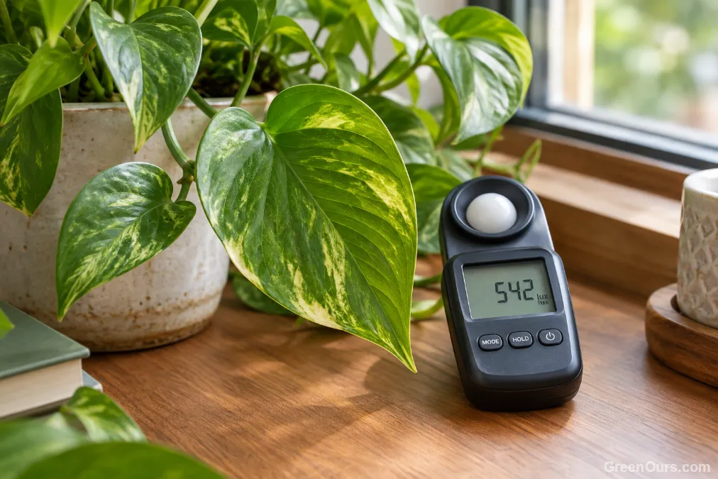 Handheld light meter with digital display held near a houseplant leaf
